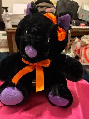 Black Plush Cat with Purple Accents and Orange Bow-NWT